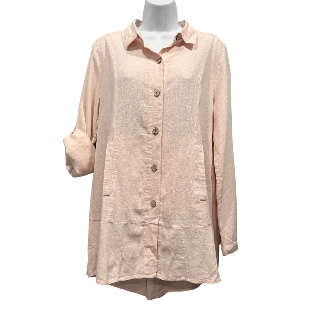 Simply Noelle Linen Blend Button Up Tunic Top Roll Tab Pockets Pink Size S/M NEW